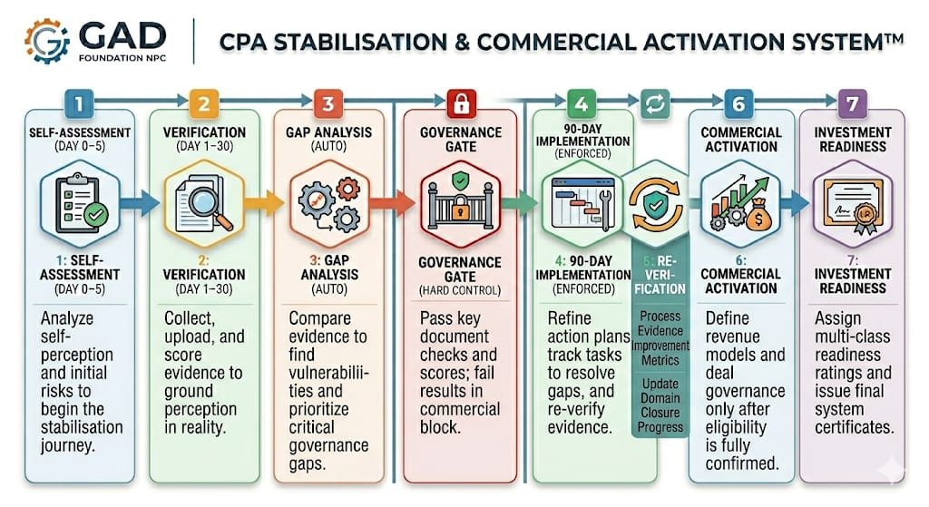 CPA Stabilisation and Commercial Activation System diagram showing staged movement from self-assessment to investment readiness.